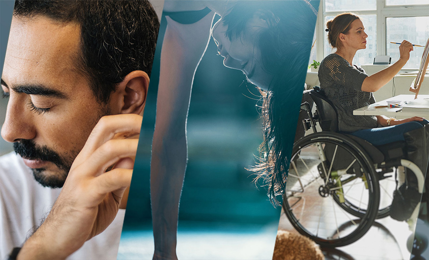 Kolme toisiinsa yhdistettyä kuvaa, joissa on silmiä kiinni pitävä henkilö, toinen käsillä seisova henkilö ja kolmas pyörätuolia käyttävä henkilö maalaamassa.