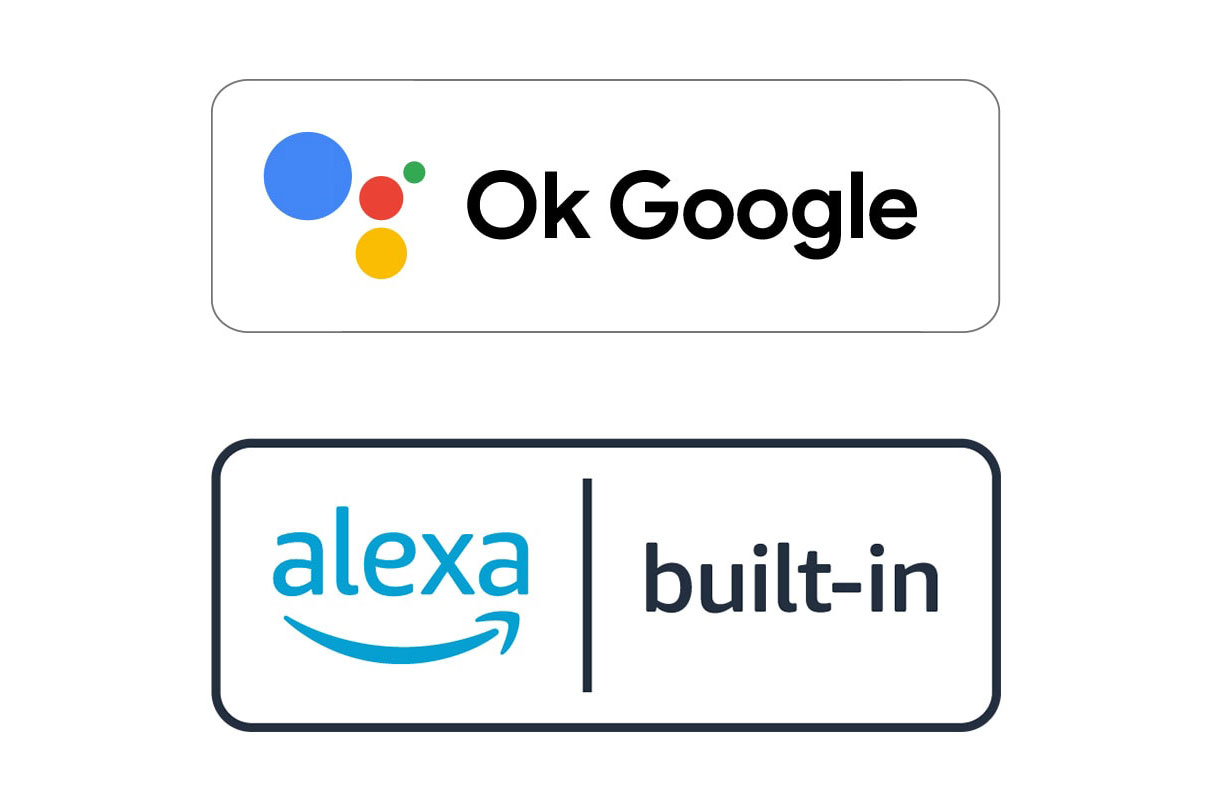 Kuva OK Google- ja Alexa Built-in -logoista