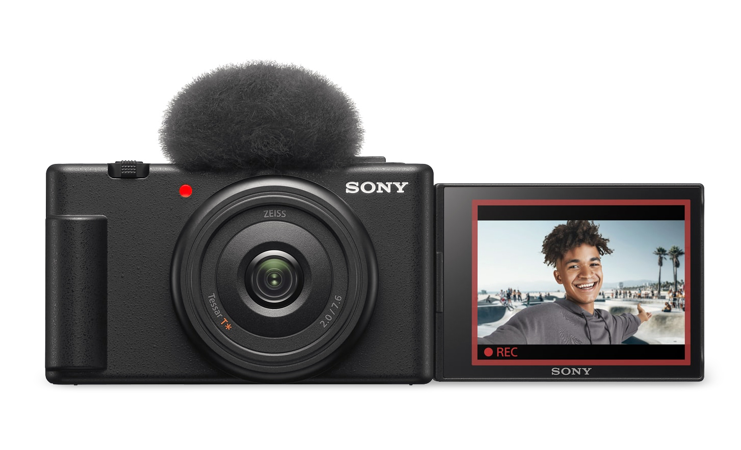 Kuvassa ZV-1F tuulisuoja kiinnitettynä ja näyttö auki