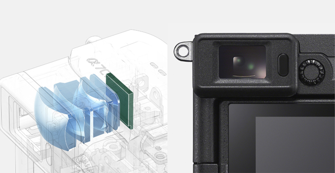 Kuvia etsimen sisäosasta ja lähikuva etsimestä