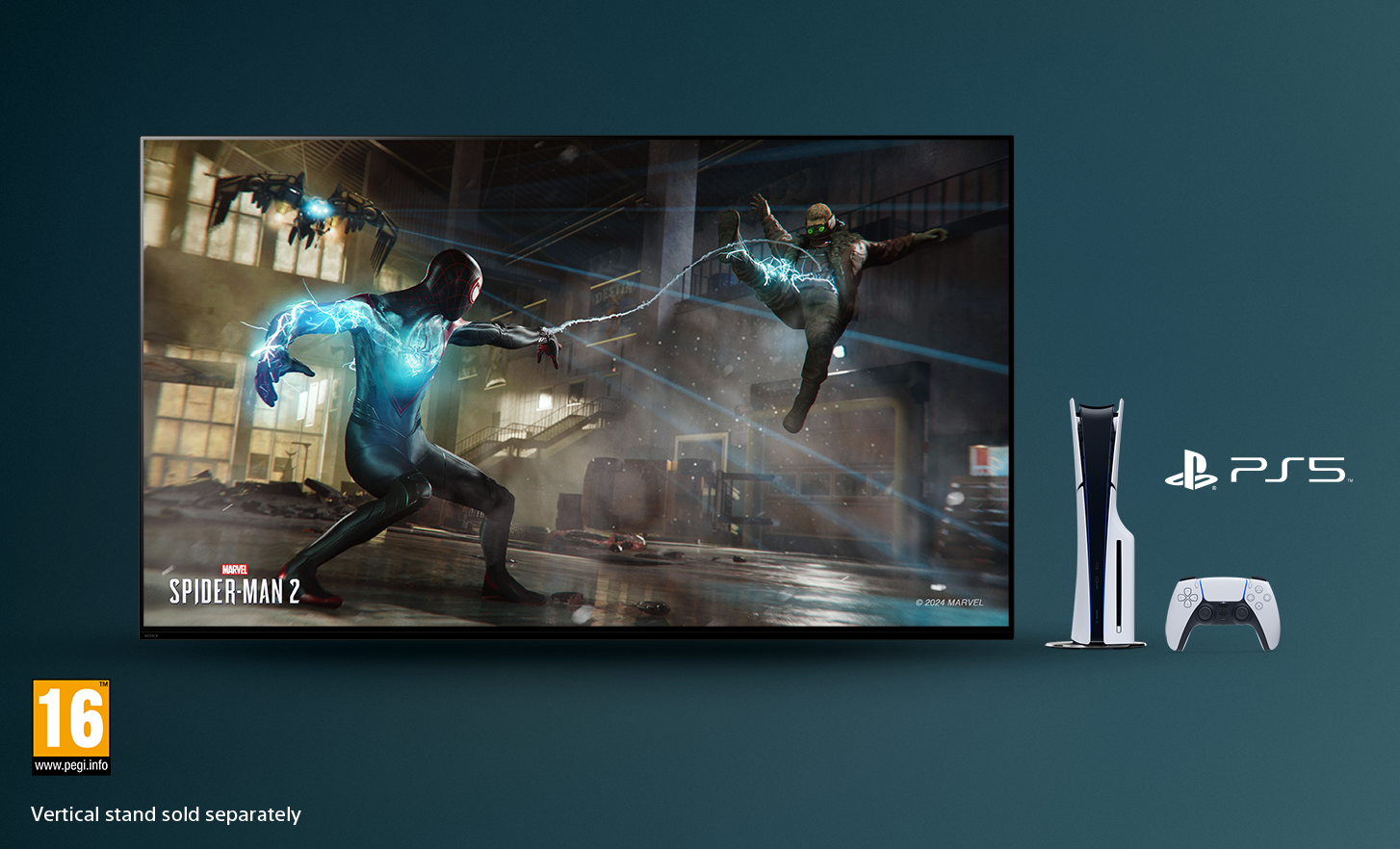 Televisio, jossa on kuva Marvel SPIDER-MAN 2 -pelistä, sekä PlayStation® 5 -konsoli ja ohjain oikealla puolella ja PEGI 16 -logo alhaalla vasemmalla