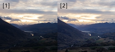 Esimerkkikuva maisemasta, kuvassa verrataan alkuperäistä RAW-kuvaa ja RAW HDR -yhdistelmäkuvaa.
